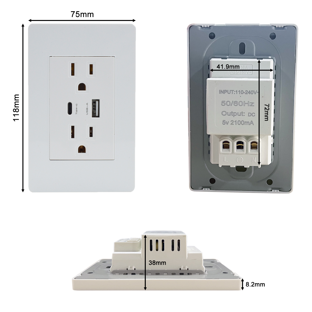 OEM/ODM CE Advanced Beautiful multifunction  Wall Switch with USB A+C & 2 US power