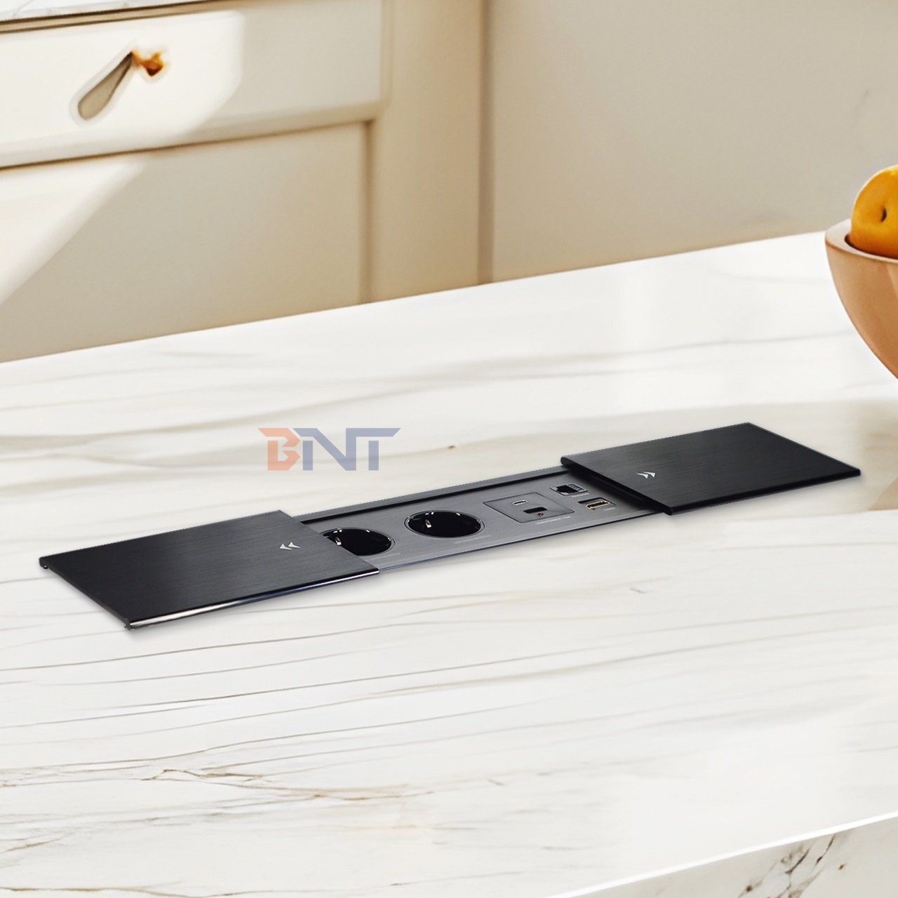 Double Silp Open Euro Tabletop Electric Power Socket Slip-Open 2 AC Outlets & USB A+C IP44 for Office Use