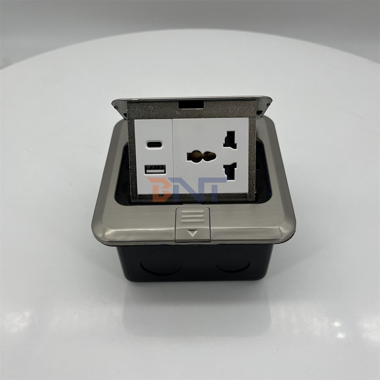 Universal Aluminum Alloy Floor Socket with Child-Proof Safety Shutters, USB Ports, and Audio Connectivity for Office and Home Use