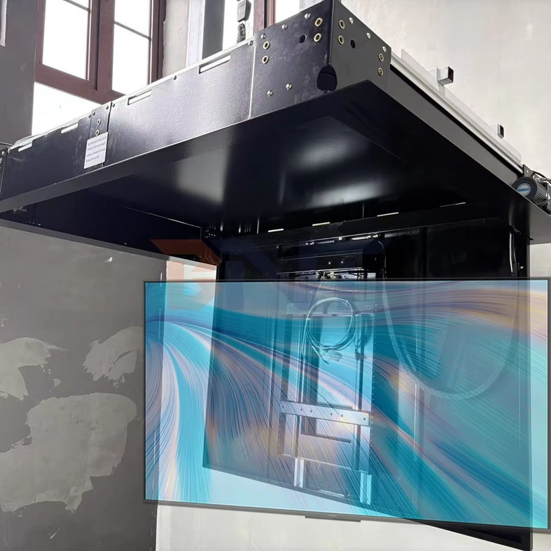 55-Inch Motorized TV Lift Stand with Remote Control Ceiling Flip Down TV Bracket with Functions of Drop Down and Rotation