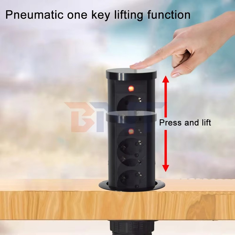 EU Plug Type 3-Outlet Pneumatic Power Socket IP44 Standard Aluminum Alloy Lifting Outlet for Hidden Kitchen Use detail image 8