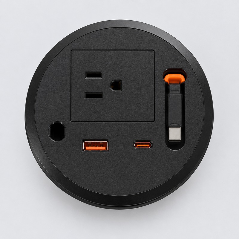 Top view of the US standard socket showing the AC outlet, USB-A, USB-C and retractable cable slot