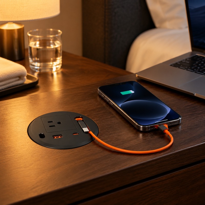 Sofa socket installed in a hotel nightstand charging a smartphone