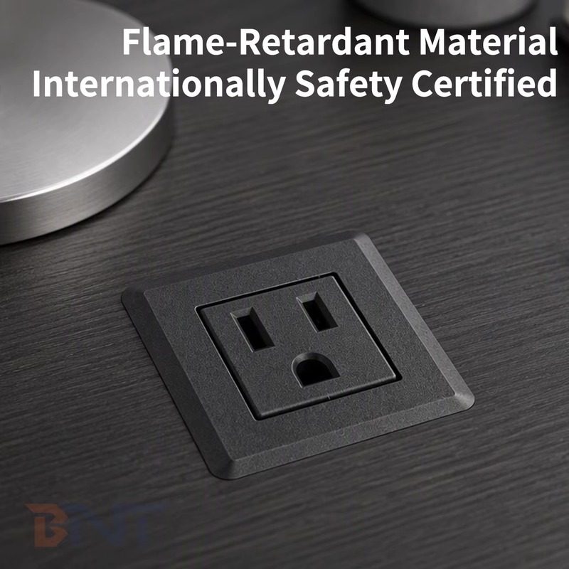 TS46US flame retardant recessed socket close-up with a US plug fitted
