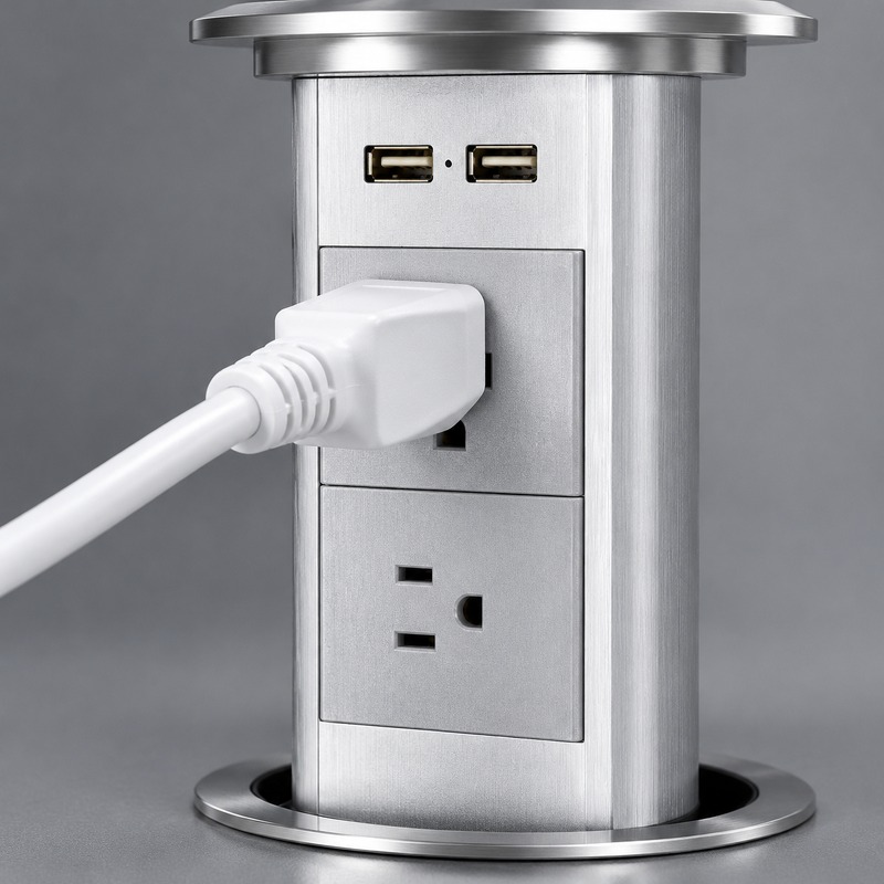 US plug fitted into the AC outlet of the pop up table socket